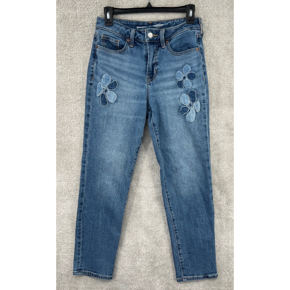 Old Navy OG Straight Ankle Jeans Size 2 Blue Flower Patch High Rise Denim Pants